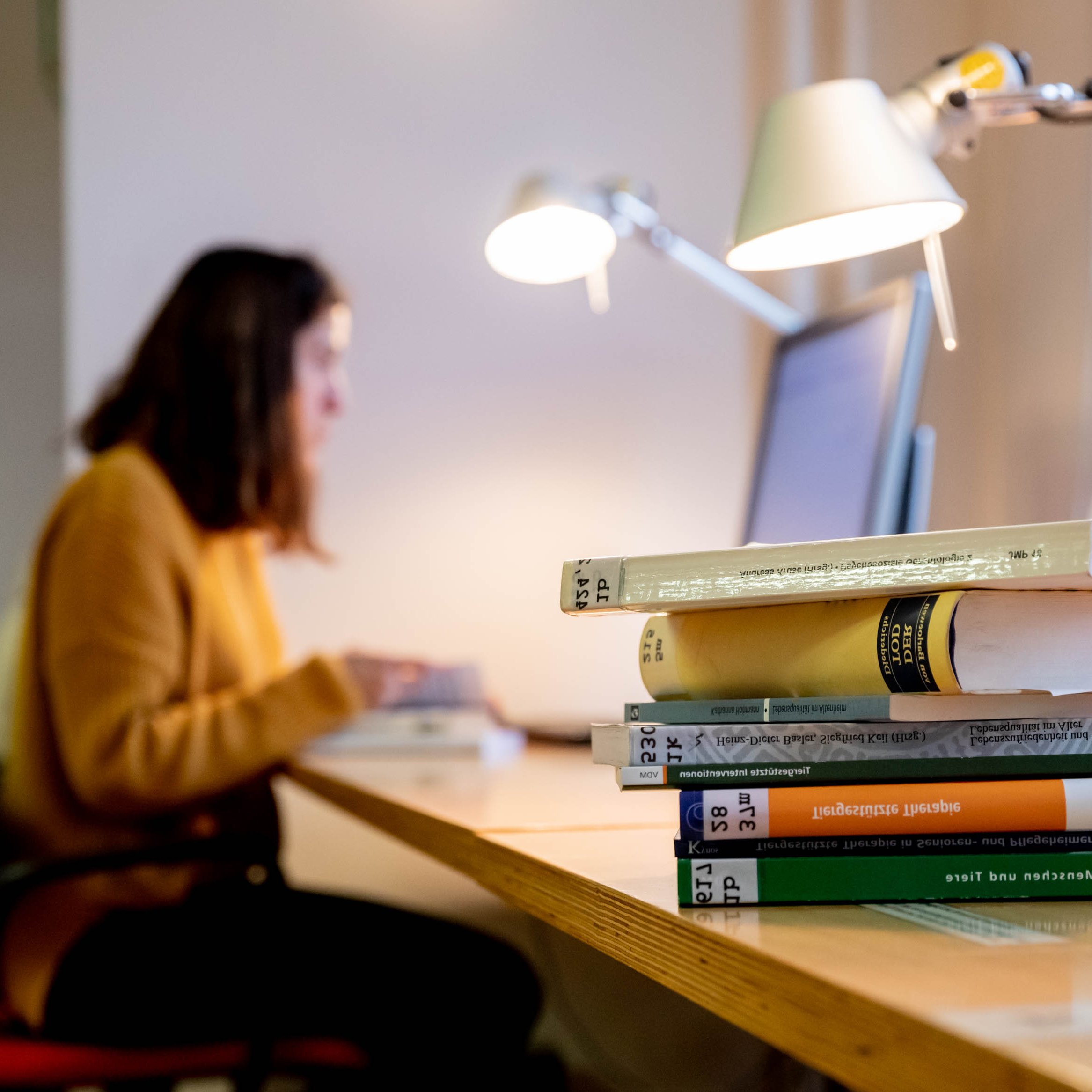 Das Foto zeigt einen Arbeitsplatz in der Bibliothek des DZA, mit Lampe, Laptop, hohem Bücherstapel auf der Arbeitsfläche